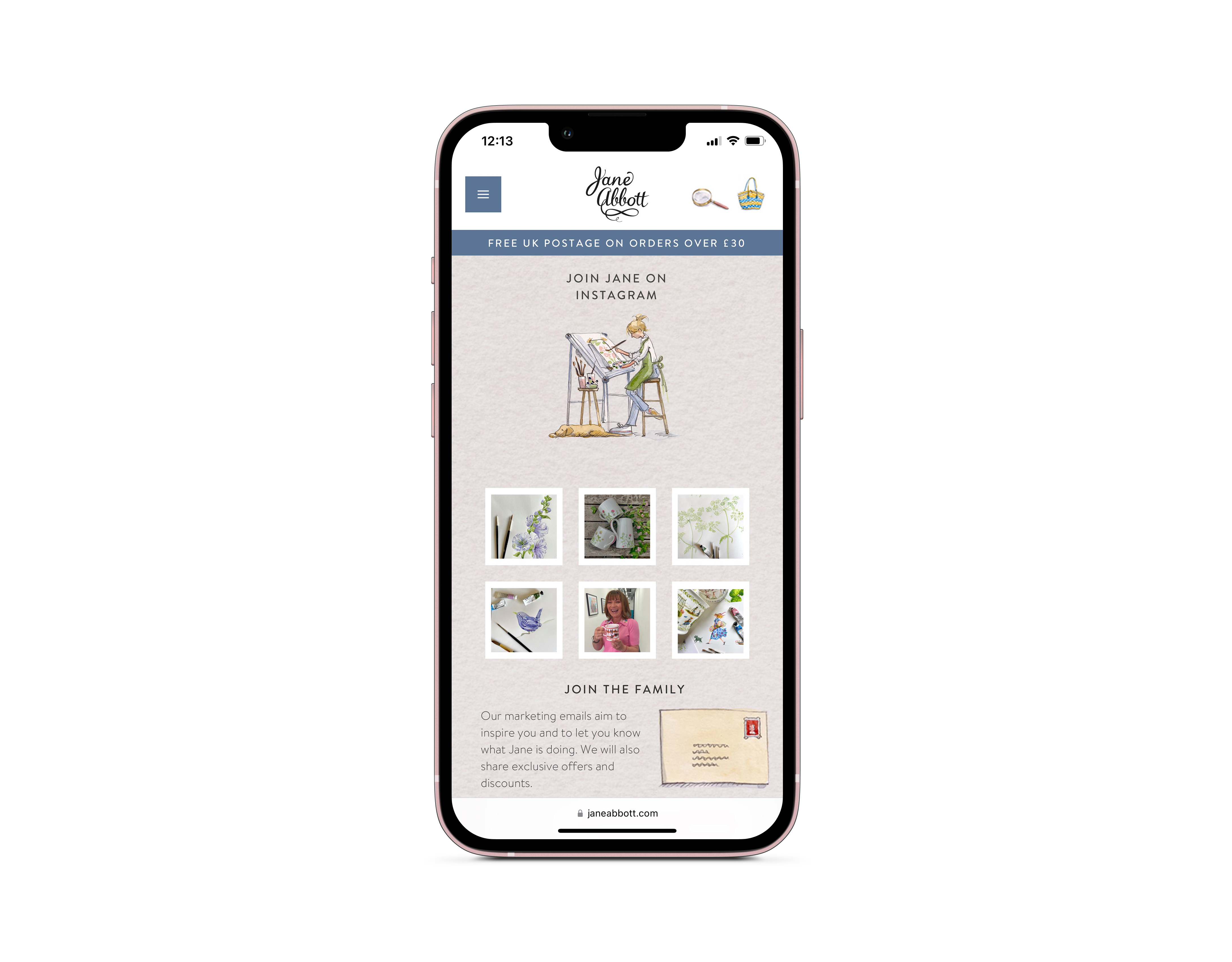 mobile phone showing Jane Abbott responsive ecommerce website redesign