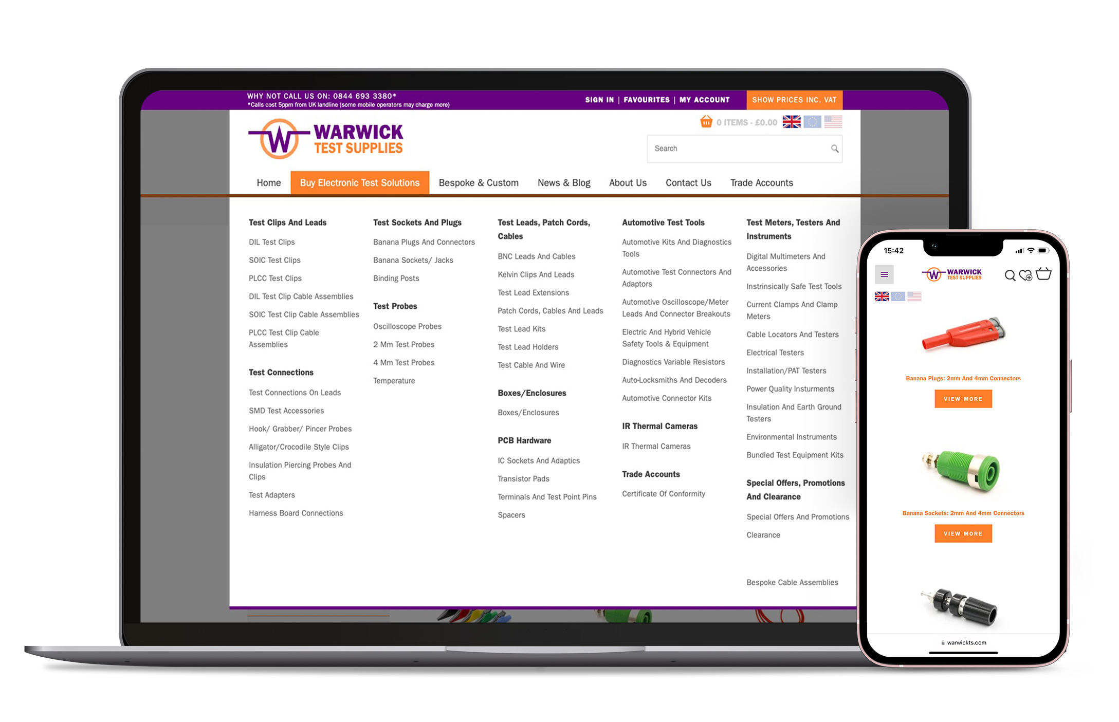 laptop and mobile showing Warwick Test Supplies ecommerce website