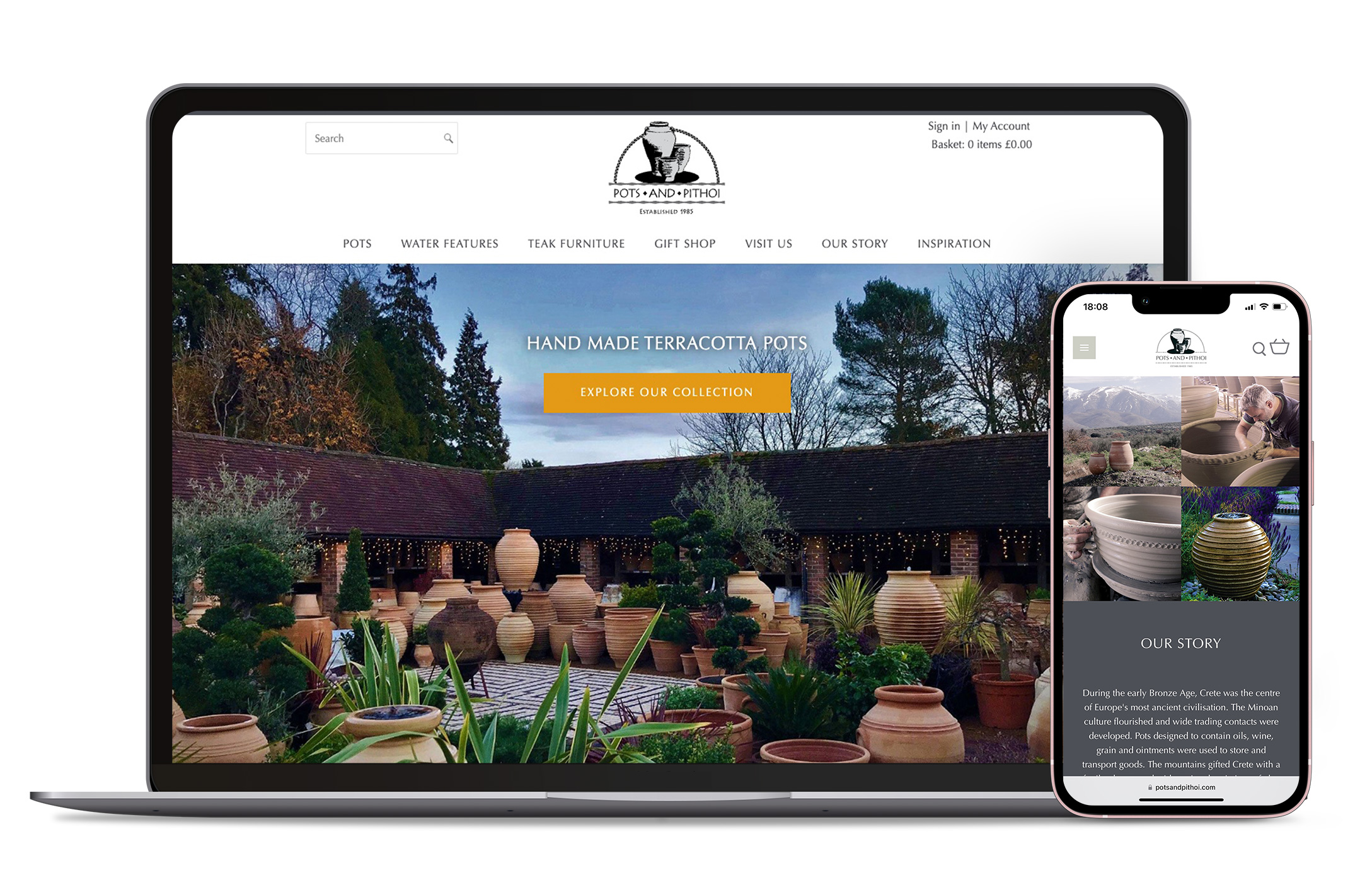 macbook and phone showing Pots & Pithoi ecommerce website redesign