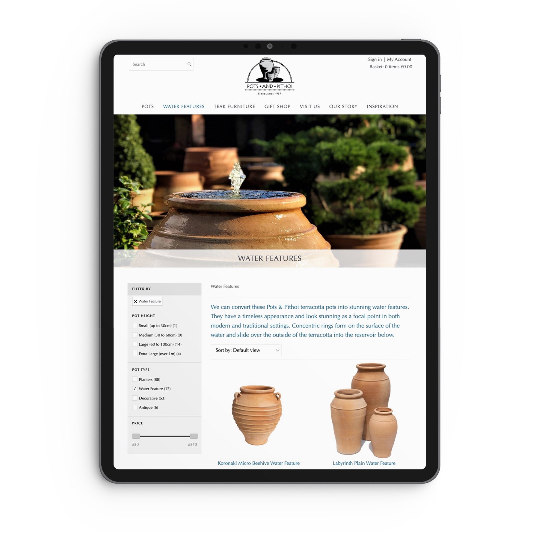 tablet showing Pots & Pithoi ecommerce website redesign