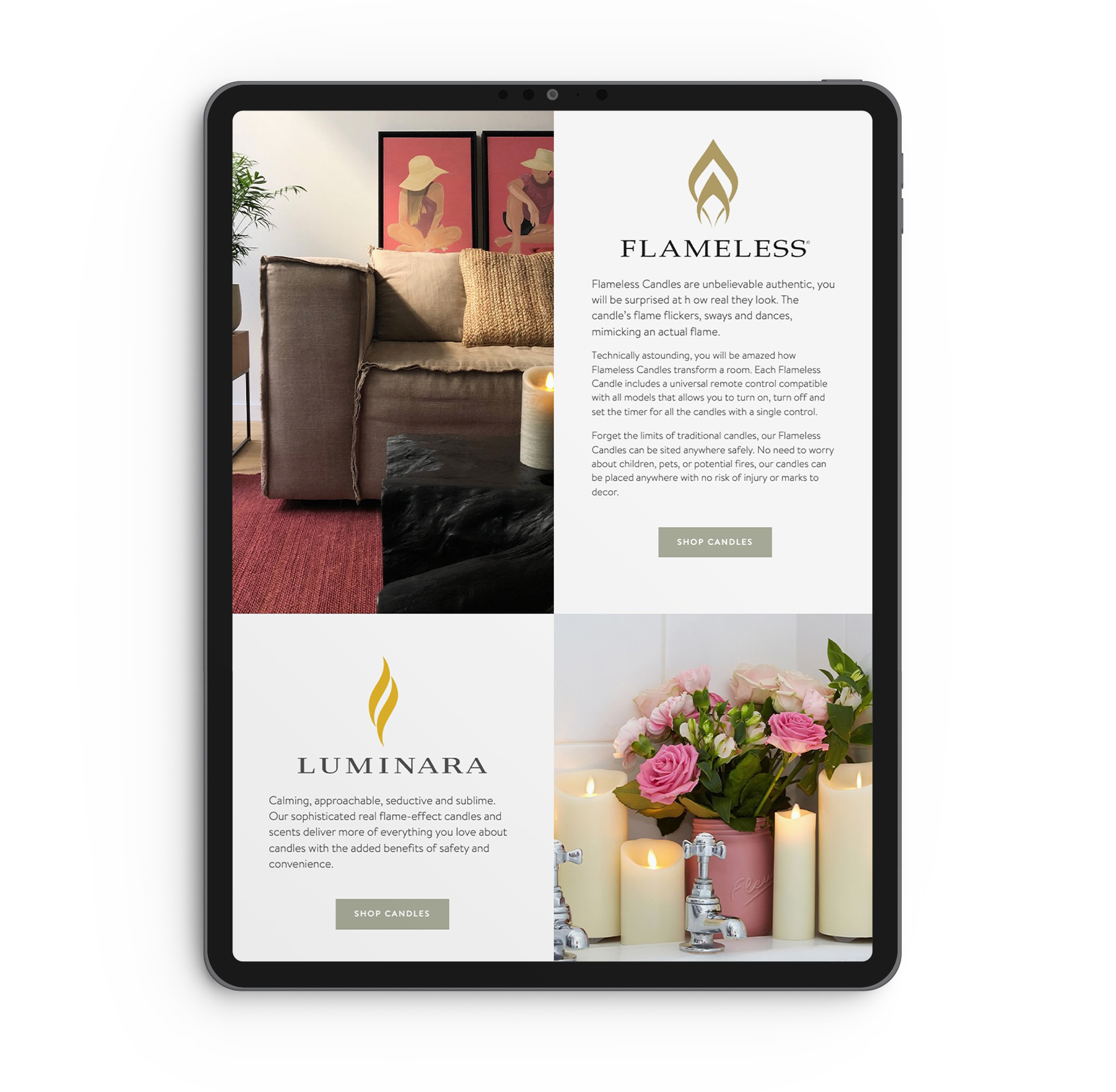 tablet showing Flameless responsive ecommerce website redesign