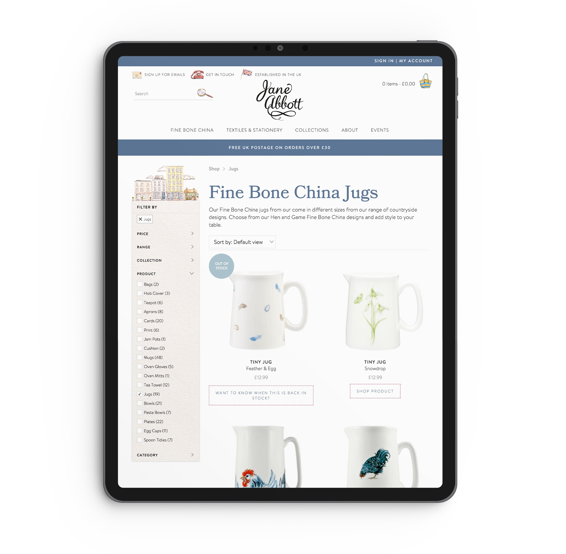 ipad showing Jane Abbott Product List Page