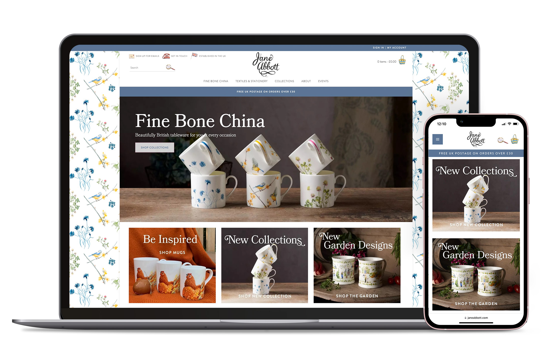 desktop and mobile phone showing Jane Abbott responsive ecommerce website redesign