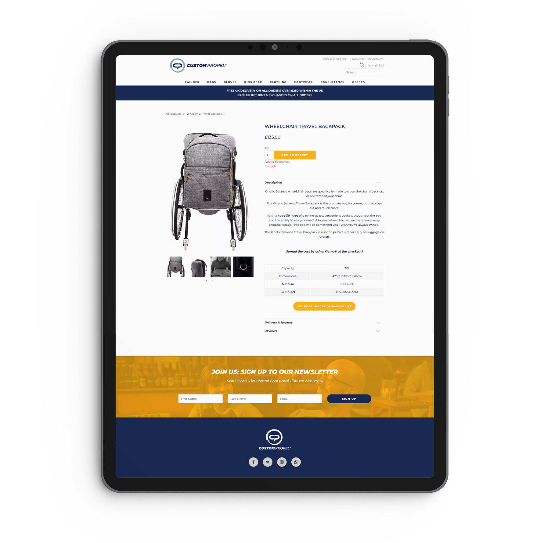 iPad showing Custom Propel responsive product page design