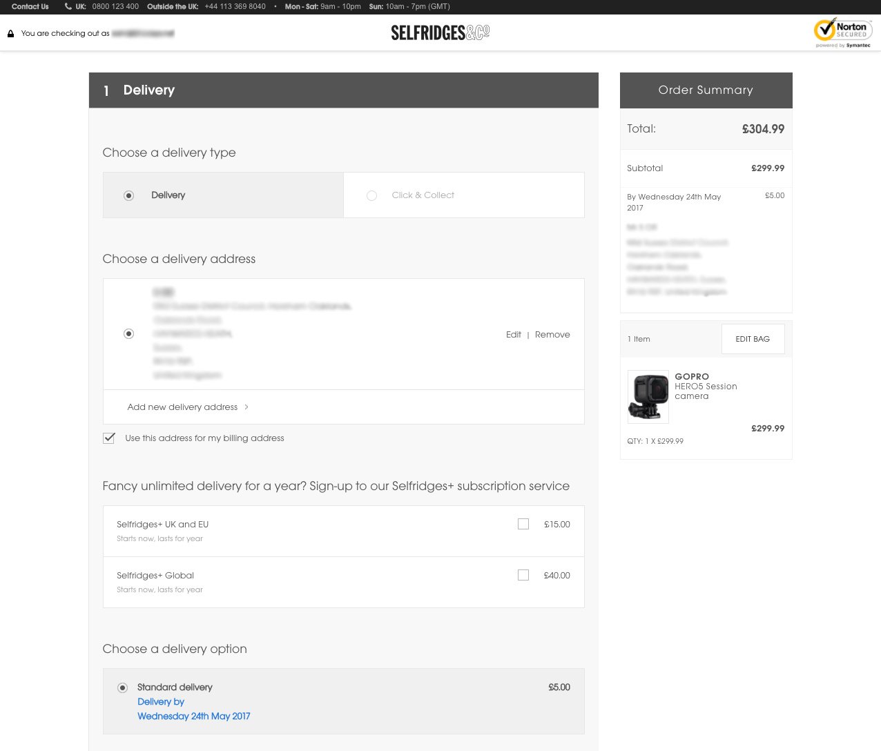 Selfridges Checkout page