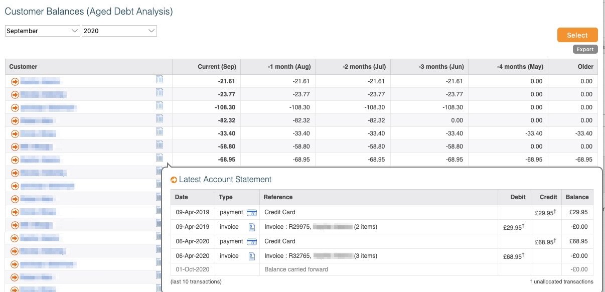 customer balances screen image