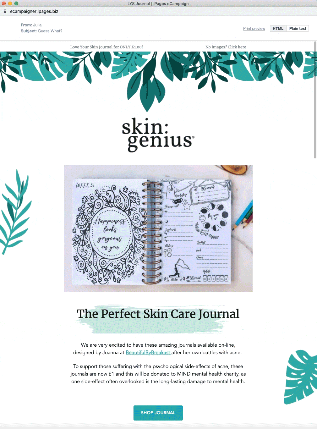 Animated image of email campaign design for Skin Genius