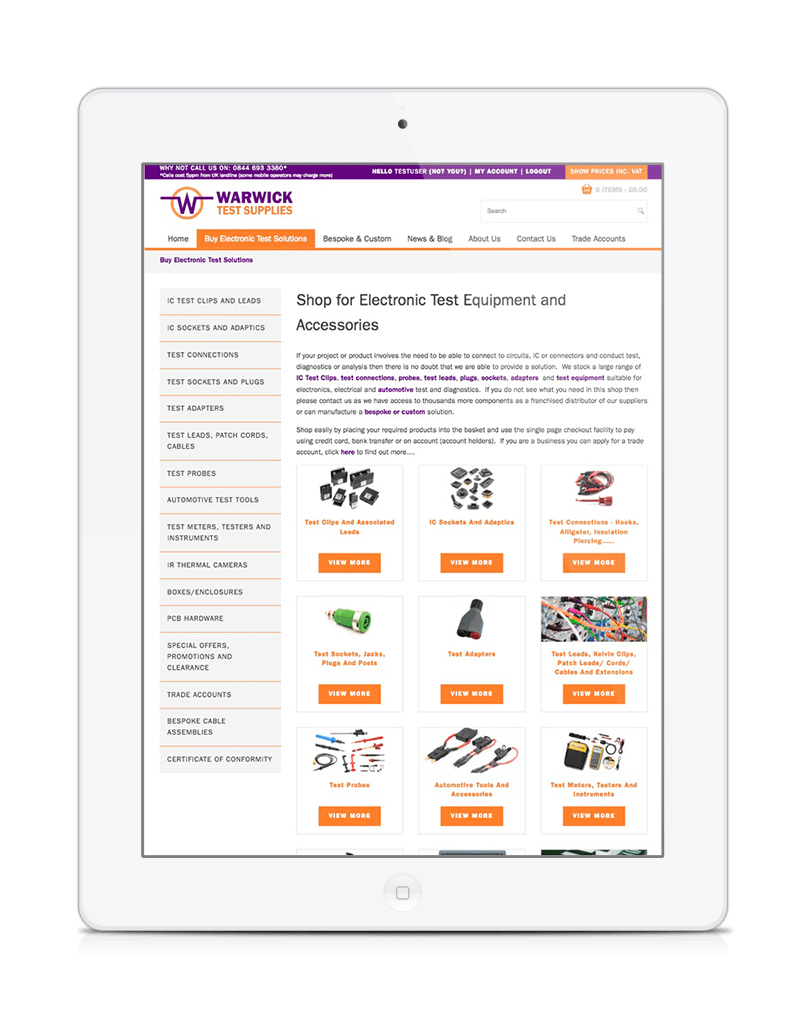ipad showing Warwick Test Supplies ecommerce website responsive redesign with stock control