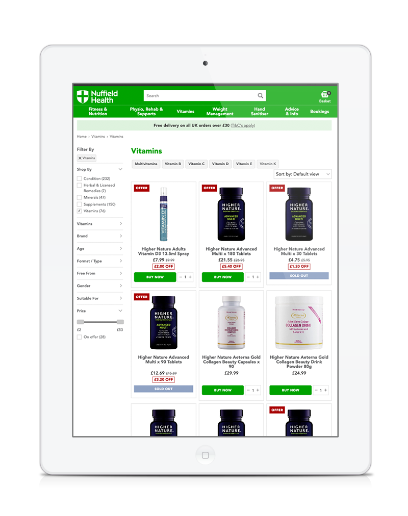ipad showing Nuffield Health ecommerce website responsive redesign